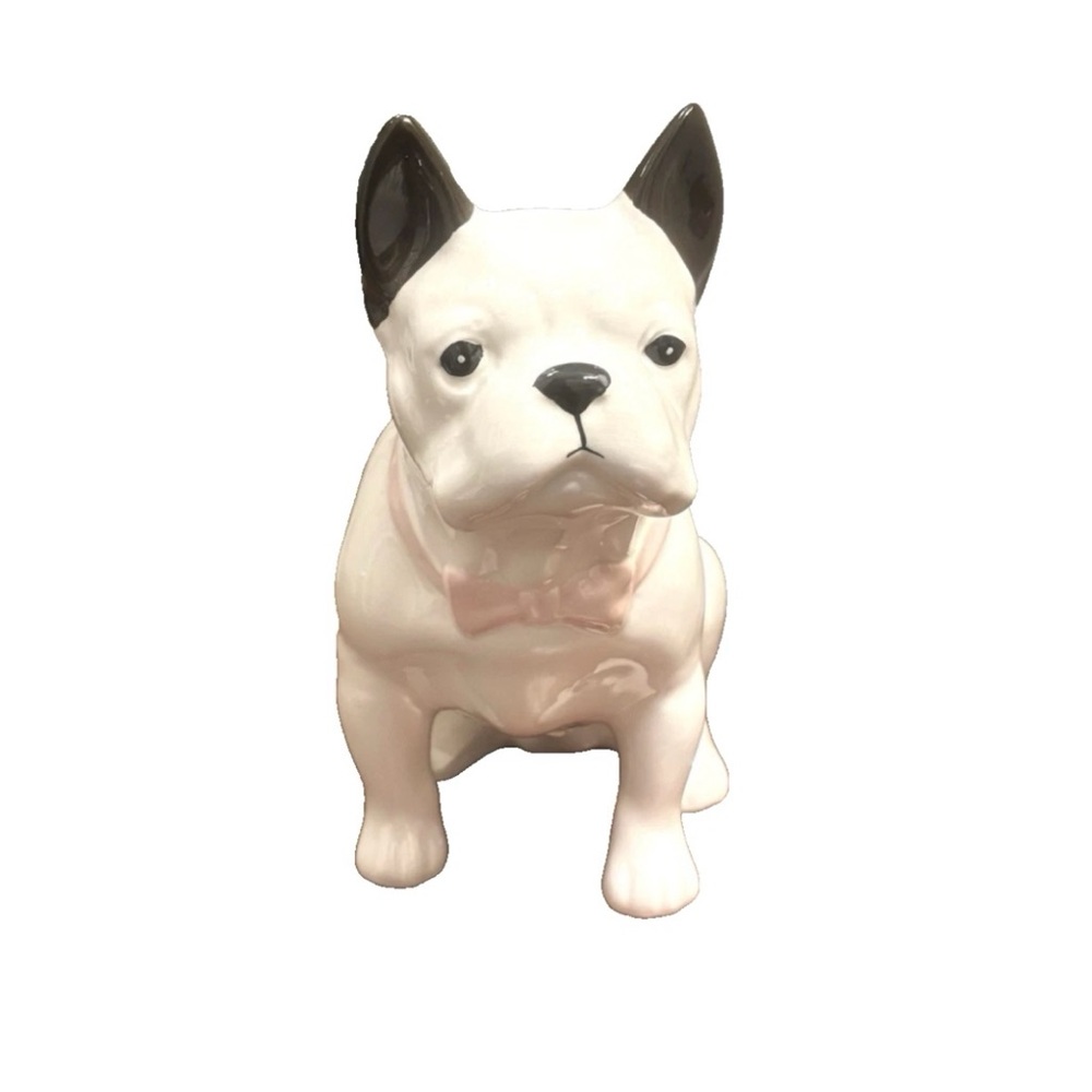 FRENCH BULLDOG CERAMIC FIGURINE SITTING WHITE BLACK WITH BOW TABLETOP DECOR 8X5